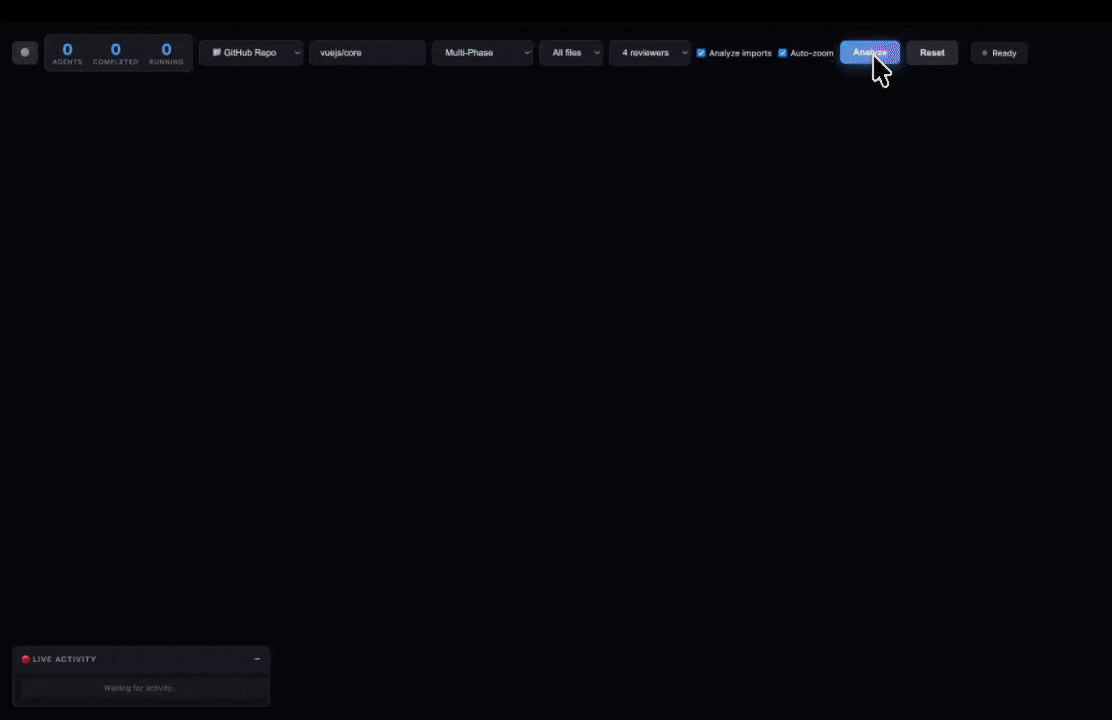 A swarm of code review agents analyzing vue.js core